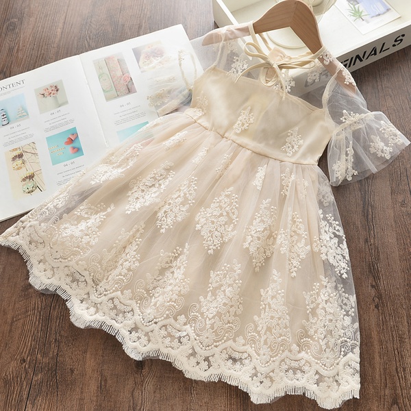 Toddler Girl Grenadine Lace Embroidery Beige Dress