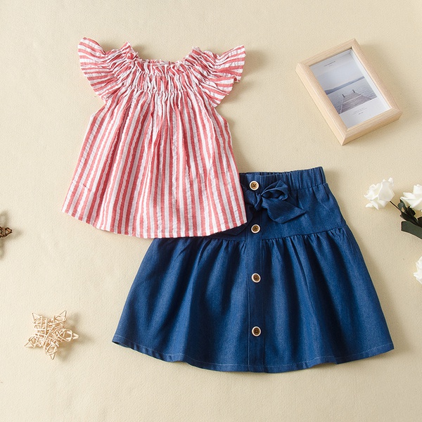 2-piece Toddler Girl Striped Top and Bowknot Skirt Set