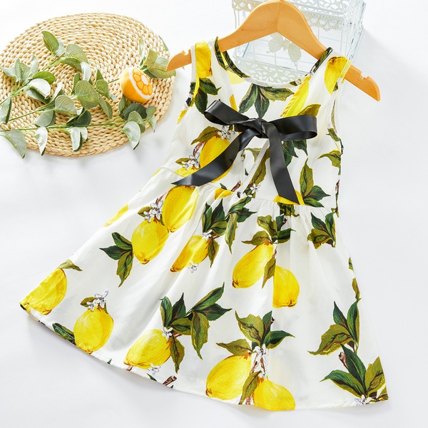 Baby / Toddler Girl Fruit Lemon Print Bowknot Sleeveless Dress