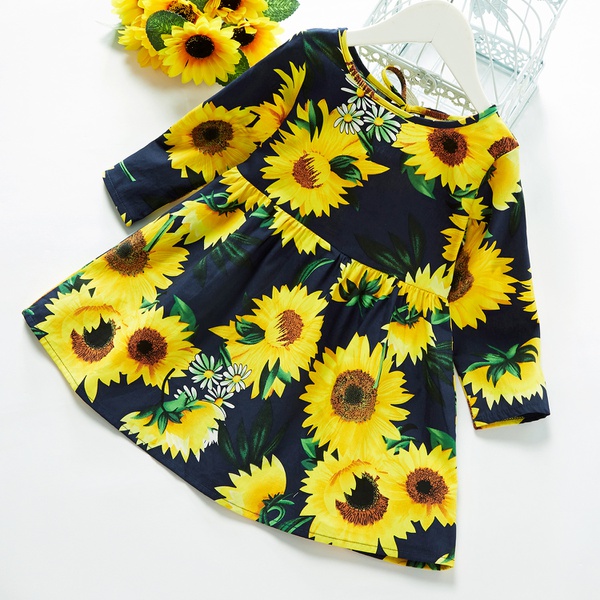 Baby / Toddler Girl Sunflower Print Bowknot Long-sleeve Dress