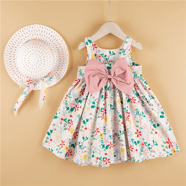 2-piece Baby / Toddler Girl Pretty Floral Print Bowknot Dress and Hat Set