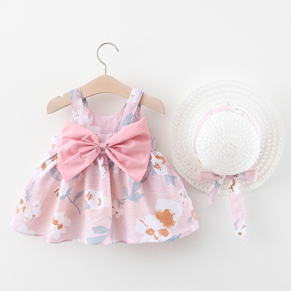 2-piece Baby / Toddler Girl Pretty Floral Print Bowknot Dress with Hat Sets