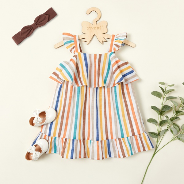 Toddler Girl Adorable Colorful Striped Dress and Headband