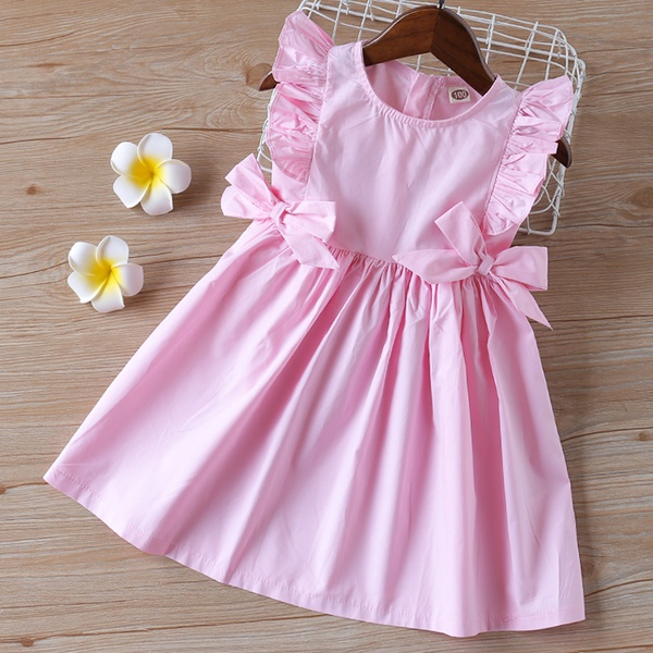 Baby / Toddler Girl Pretty Solid Flutter-sleeve Bowknot Medium Length Dresses