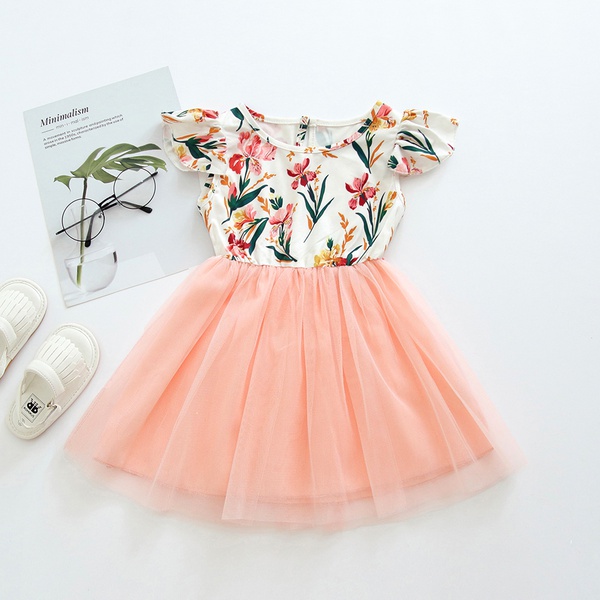 Baby / Toddler Girl Floral Print Solid Mesh Flutter-sleeve Dress