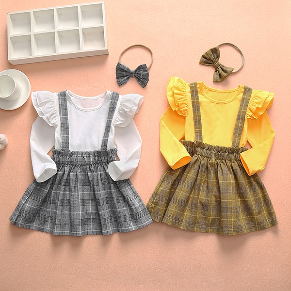 2-piece Baby / Toddler Girl Casual Solid Top and Plaid Skirt Sets