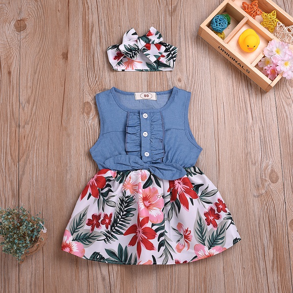 Baby / Toddler Pretty Floral Print Denim Splice Dress and Headband