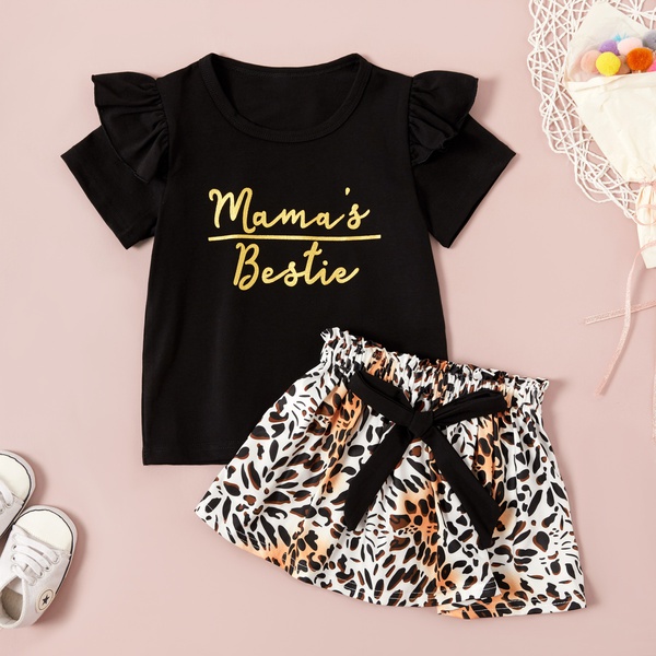 2-piece Baby / Toddler Girl Letter Print Flounce Decor Top and Leopard Print Skirt Set