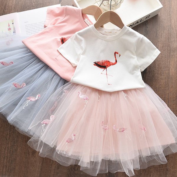 2-piece Toddler Girl Flamingo Print Trendy and Tulle Skirt Sets