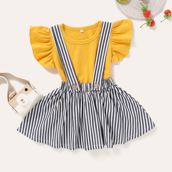 2-piece Baby / Toddler Girl Casual Solid Top and Striped Skirt Set