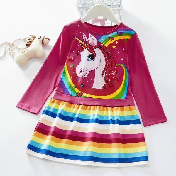 Toddler Girl Rainbow Striped Unicorn Print Long-sleeve Dress