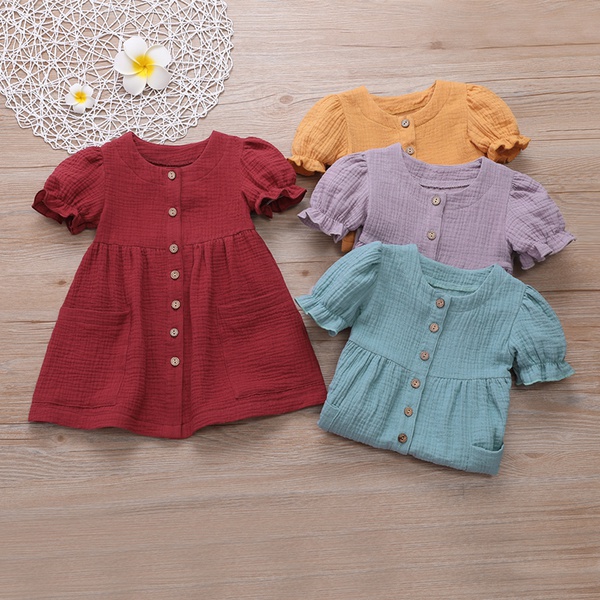 Baby / Toddler Girl Casual Solid Linen Dress