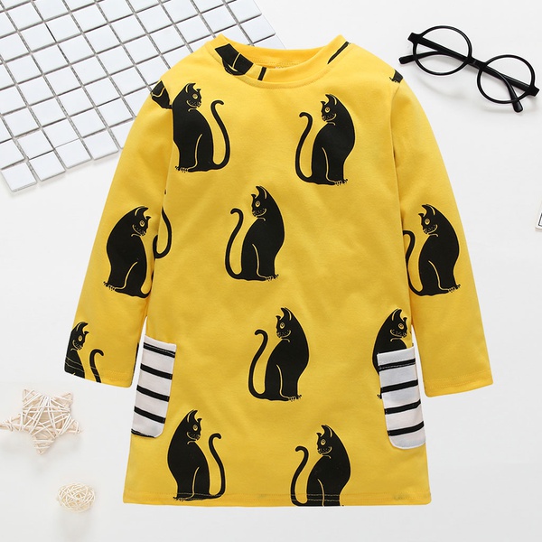 Cute Cat Print Striped Pockets Long-sleeve Dress for Toddler Girl