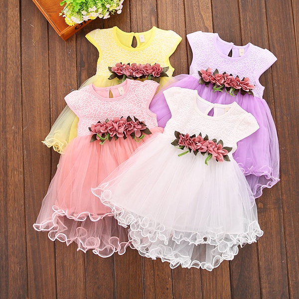 Baby / Toddler Girl Pretty Floral Decor Lace Solid Tulle Dress