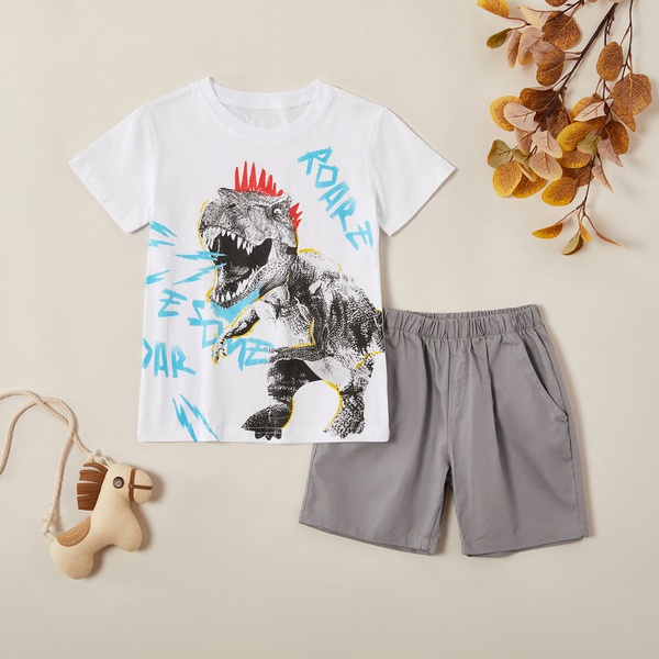 Trendy Dinosaur Print Tee and Solid Shorts Set