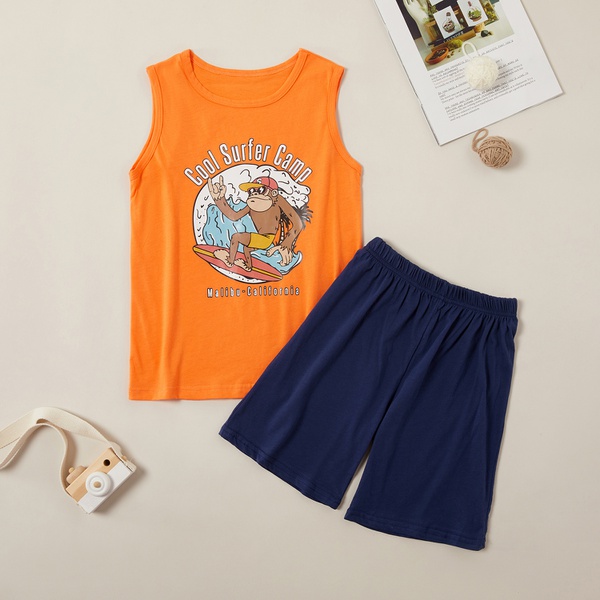 Casual Monkey Print Tank and Solid Shorts Set