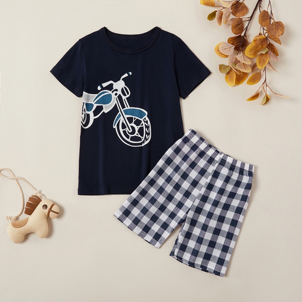 Trendy Motorcycle Print Tee and Plaid Shorts Set