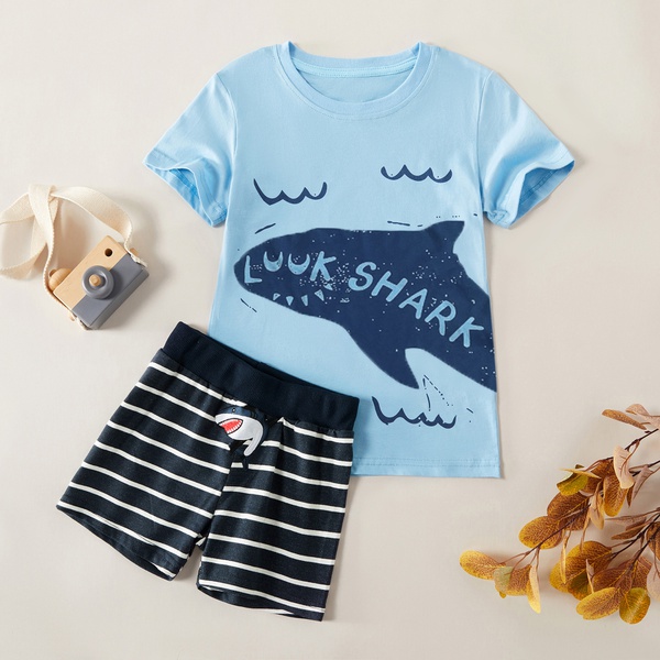 Stylish Shark Letter LOOK SHARK Print Tee and Striped Embroidered Shorts Set