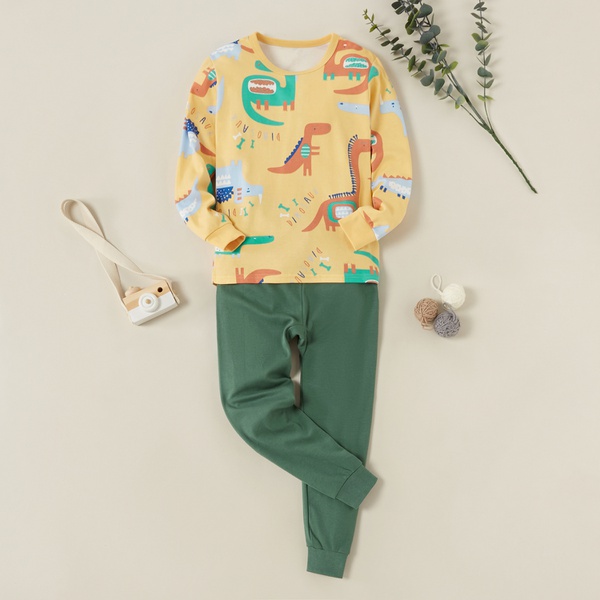 Fashionable Cartoon Dinosaur Print Allover Long-sleeve Tee and Solid Pants Set