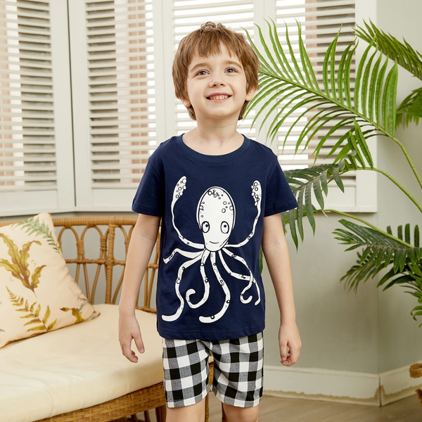 Cute Octopus Print Short-sleeve Top And Plaid Shorts Set
