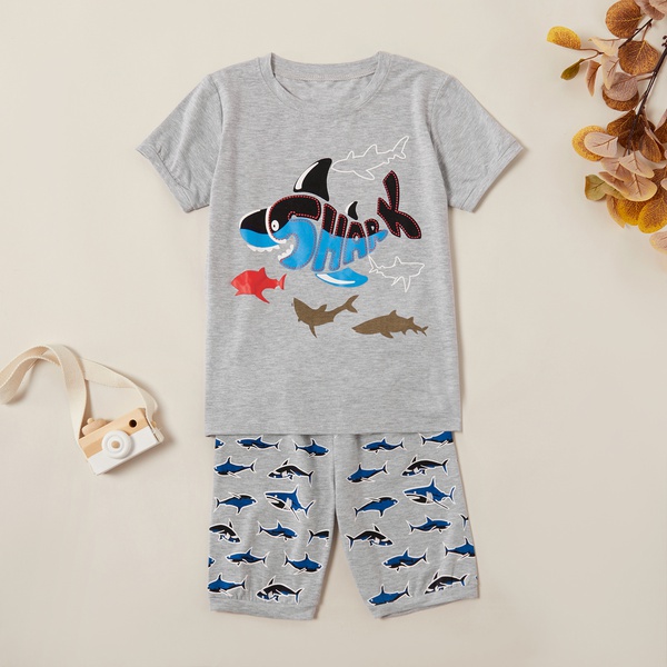 Trendy Cartoon Sharks Print Tee and Allover Shorts Set