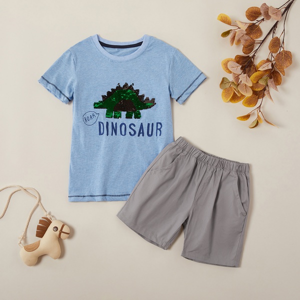 Trendy Letter Embroidered Paillette Dinosaur Tee and Solid Pants Set