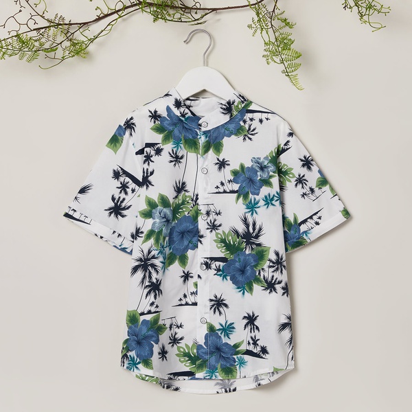 Trendy Coconut Tree Allover Print Stand Collar Top