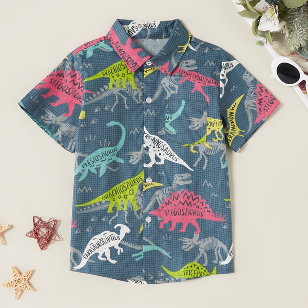 Trendy Dinosaur Allover Plaid Print Polo Shirt