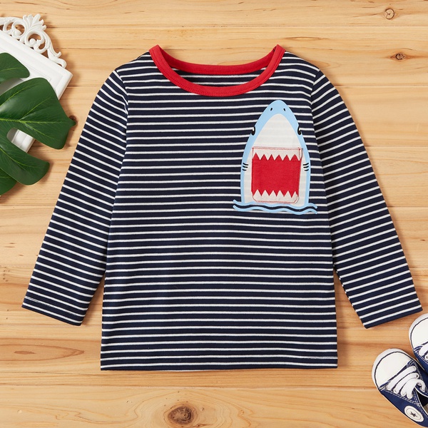 Fashionable Striped Cartoon Shark Print Long-sleeve Tee