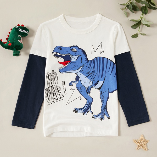 Stylish Cartoon Dinosaur T-Rex Faux-two Long-sleeve Tee