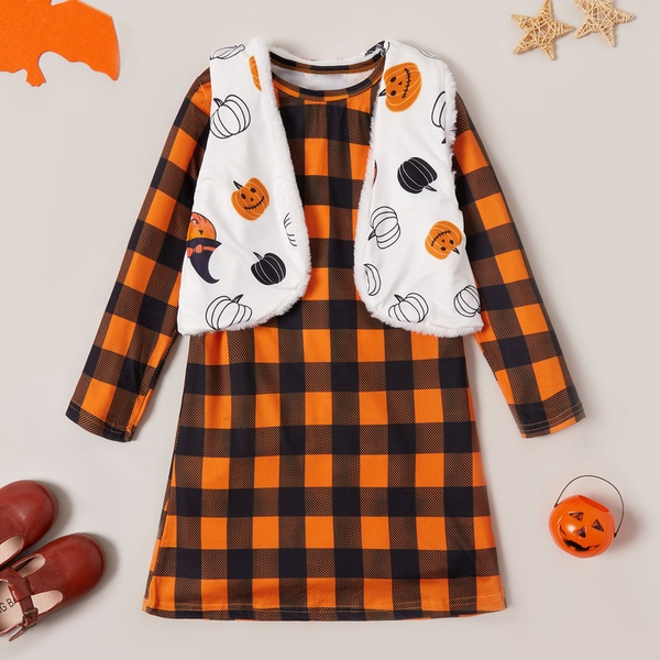 Stylish Halloween Pumpkin Print Waistcoat and Plaid Long-sleeve Dress Set