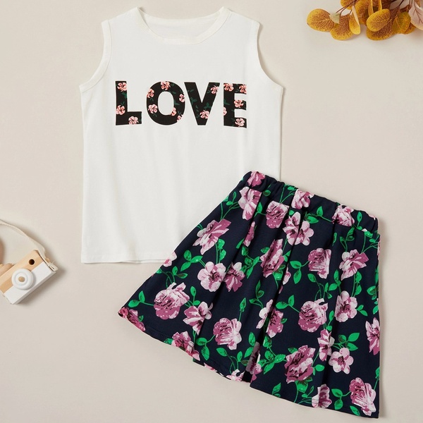 Casual Letter Print Tank and Flower Skirt
