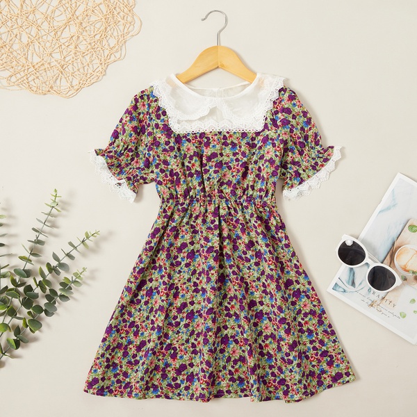 Beautiful Floral Allover Print Lace Collar Flare-sleeve Dress