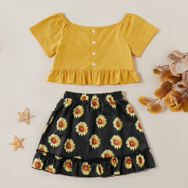 Fashionable Solid Button Ruffled Short-sleeve Top and Sunflower Allover Print Skirt Set