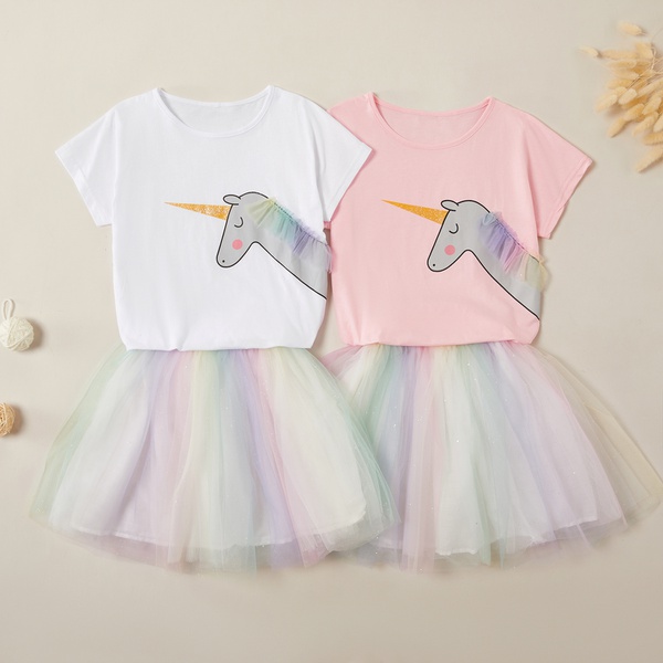 Pretty Unicorn Print Tee and Rainbow Mesh Skirt Sets