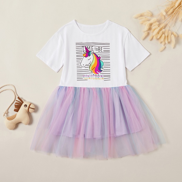 Stylish Striped Unicorn Rainbow Mesh Dress