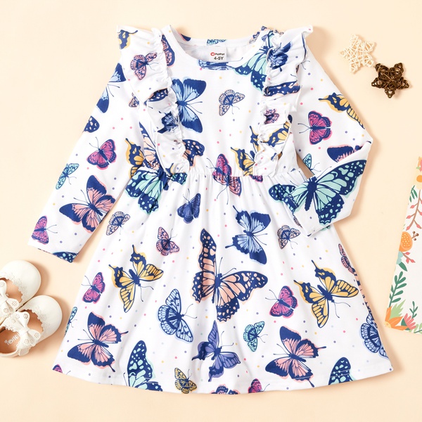Trendy Butterfly Allover Print Ruffled Long-sleeve Dress