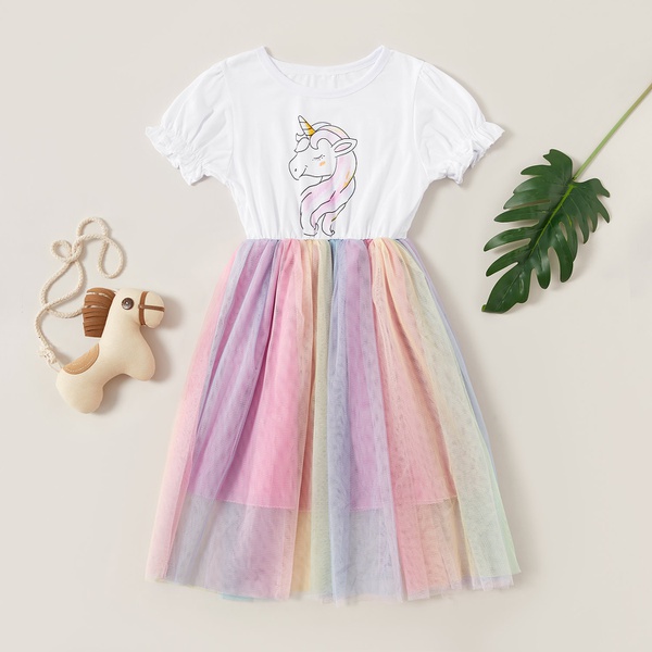 Beautiful Unicorn Rainbow Print Flare-sleeve Mesh Dress