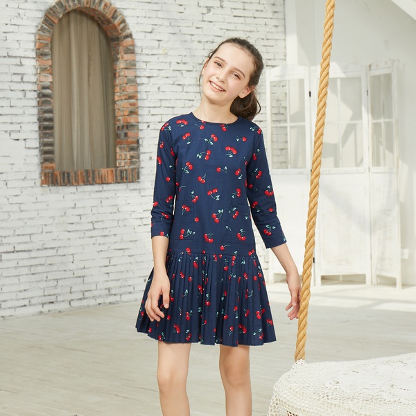 Fashionable Cherry Allover Print Long-sleeve Dress