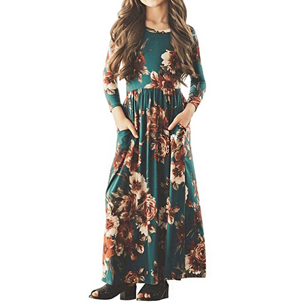 Trendy Floral Long-sleeve Pocket Design Maxi Dresses