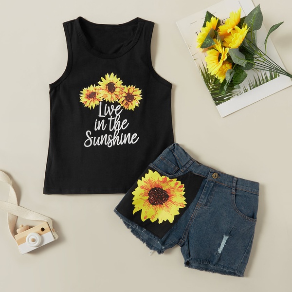 Pretty Sunflower Letter Print Tank and Denim Shorts Set