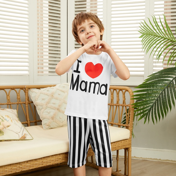 Fashionable I Love Mama Top and Striped Shorts Set