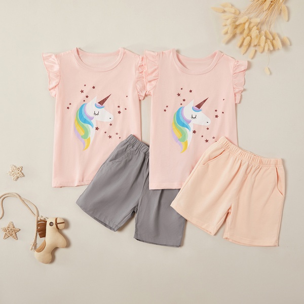 Beautiful Unicorn Print Flare-sleeve Tee and Solid Shorts Sets