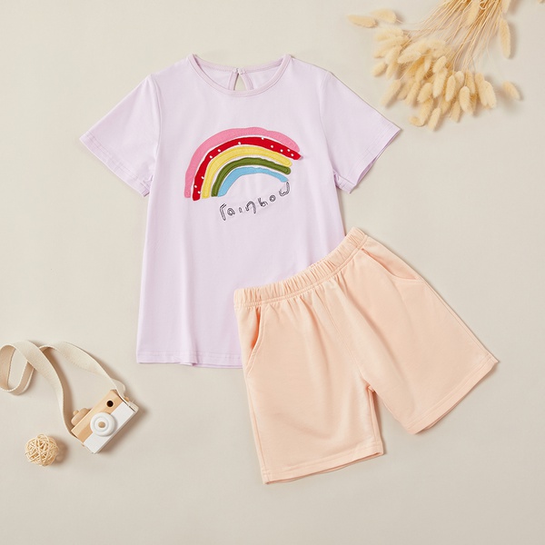 Stylish Rainbow Print Tee and Solid Shorts Set