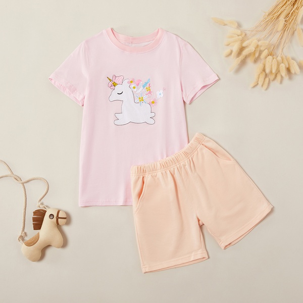 Trendy Unicorn Print Tee and Solid Shorts Set