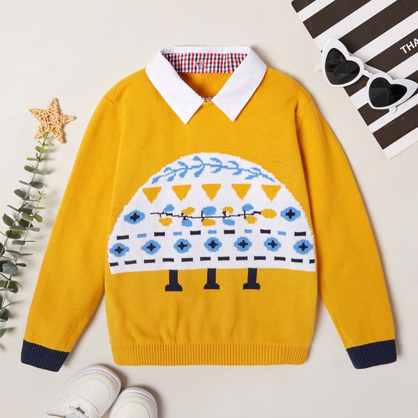 Fashionable Pattern Print Lapel Collar Sweater