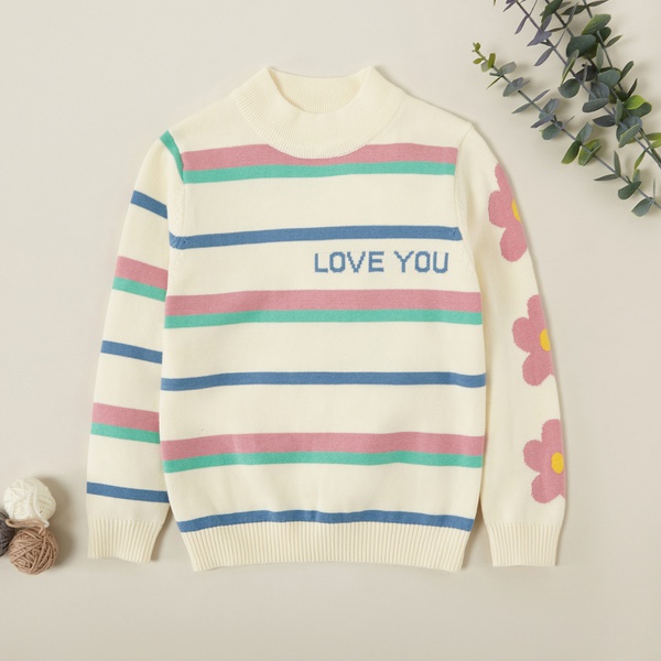 Trendy Letter Flower Striped Knitted Sweater