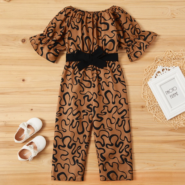 Fashionable Leopard Allover Print Bowknot Flare-sleeve Jumpsuit