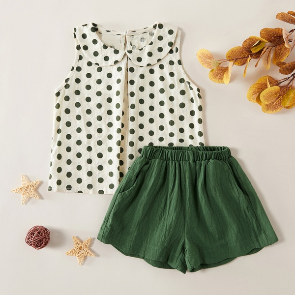2-piece Pretty Polka Dots Doll Collar Linen Tank and Solid Shorts Set
