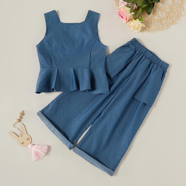 2-piece Fashionable Solid Ruffled Tank and Wide-leg Pants Set